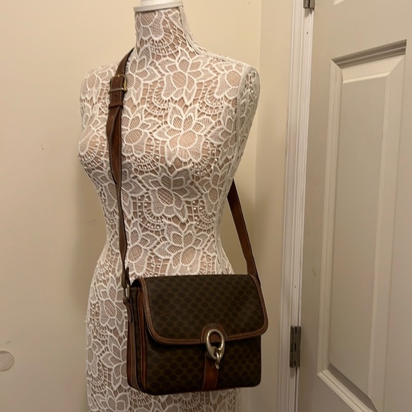 CELINE Macadam Vintage Coated Canvas Shoulder Crossbody Bag Brown PVC - Picture 5 of 17